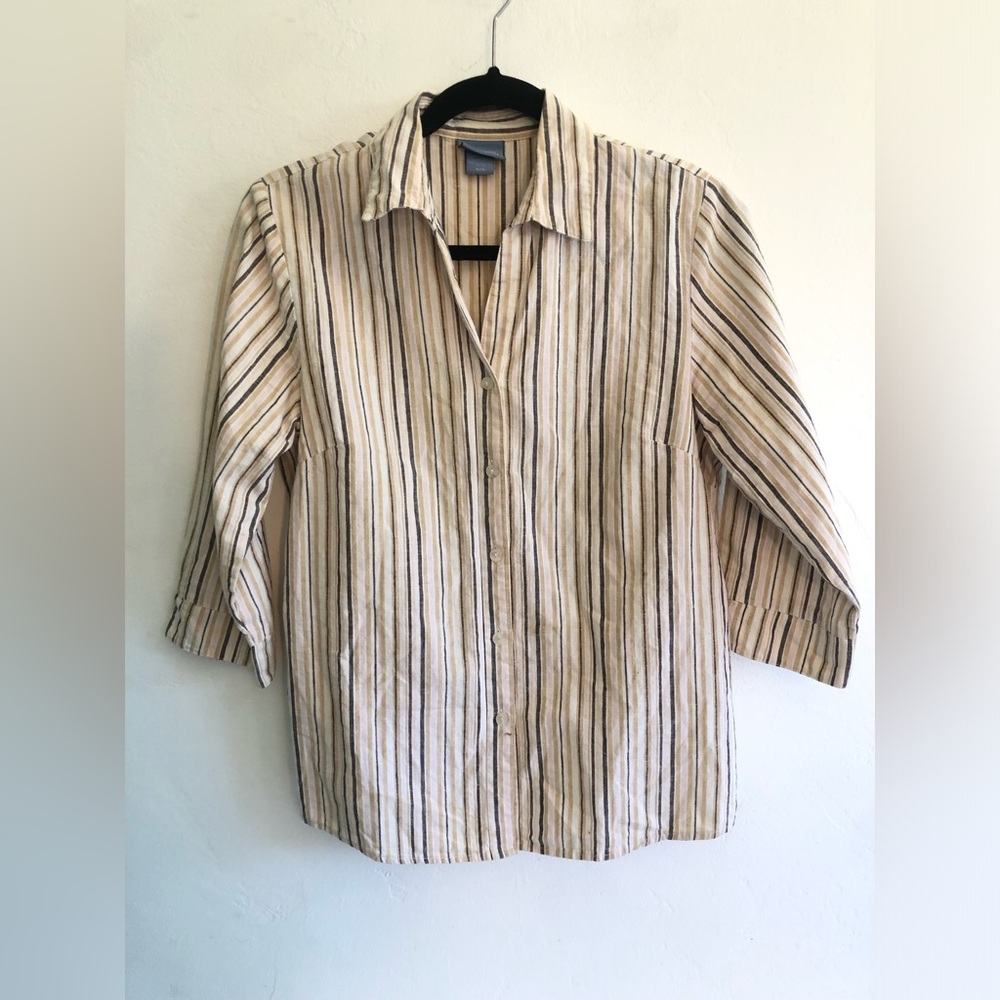 Classic Elements Blouse Size S Linen Cotton Blend Button Top Stripe 3/4 Sleeve